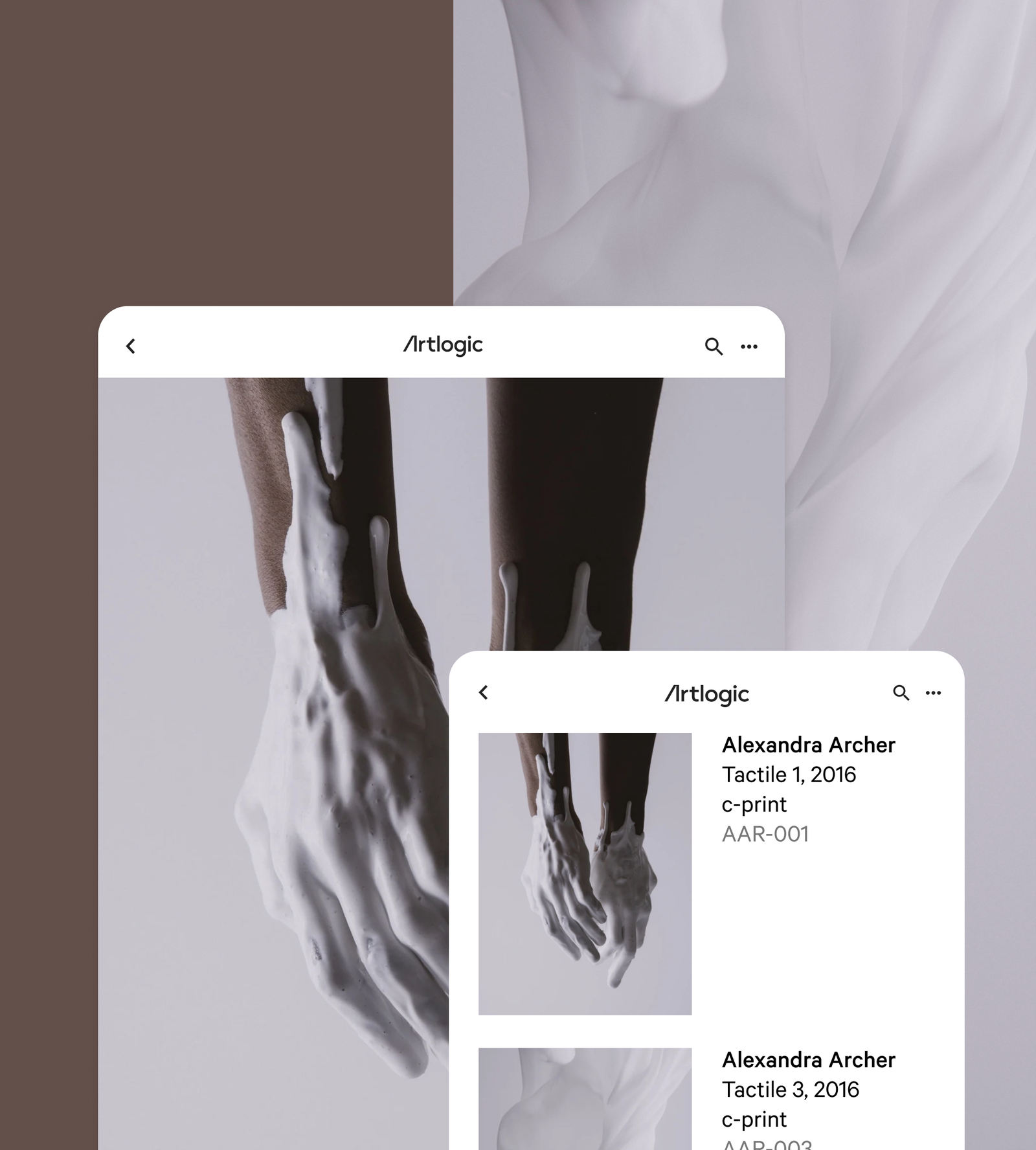 Layout example of Artlogic mobile App UI howing artworks of fabric, and hands covered in paint