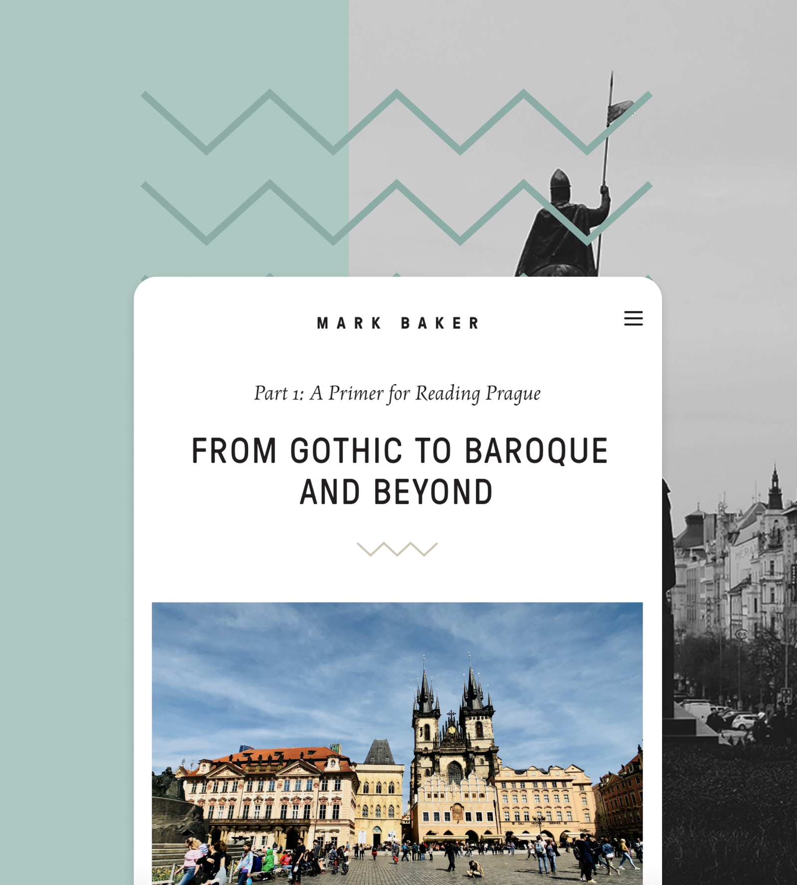 Mark Baker website layout example with picture of Prague skyline