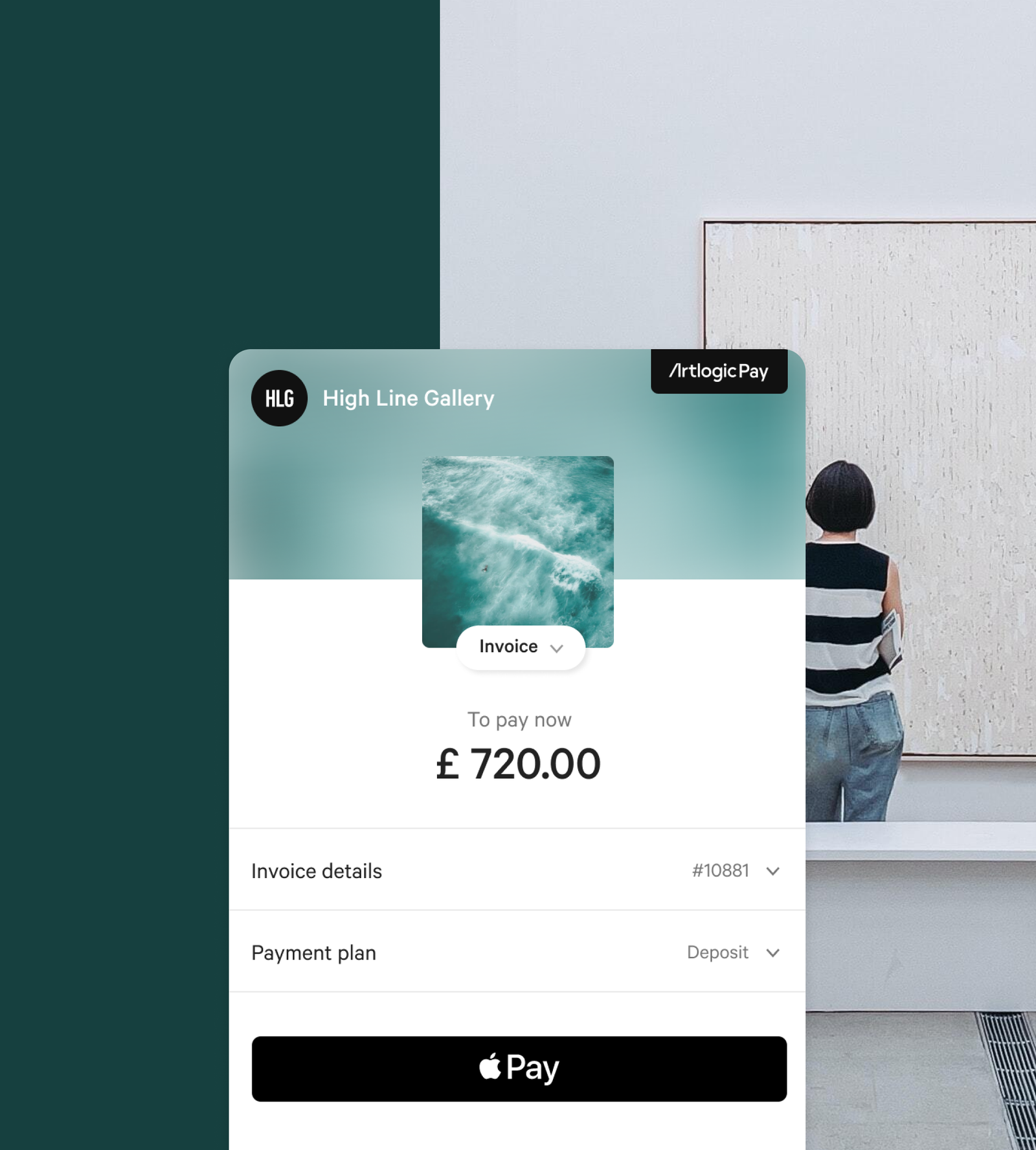 Layout example of Artlogic Pay UI with photo of person viewing artwork in a gallery